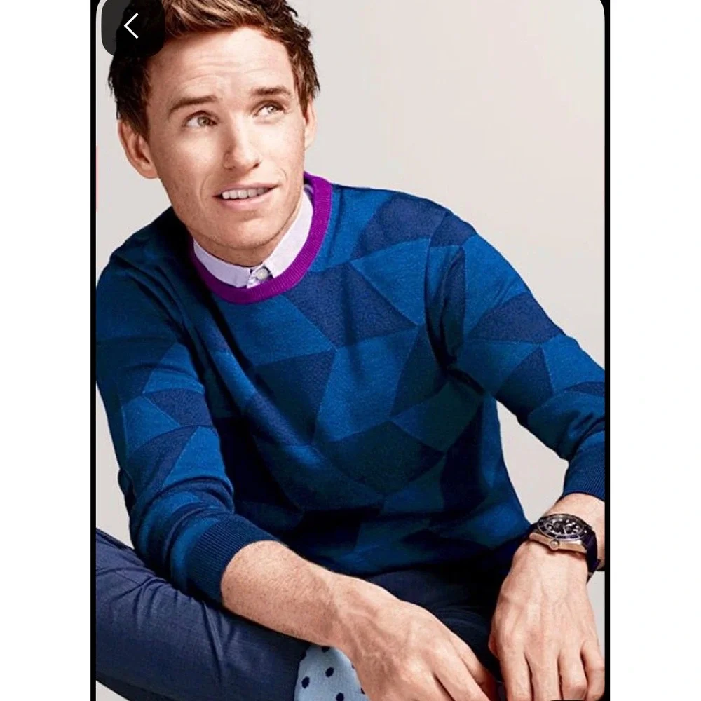 Ted Baker London Mens Wool Blend Geometric Chevron Sweater Navy Grey xs s luxury